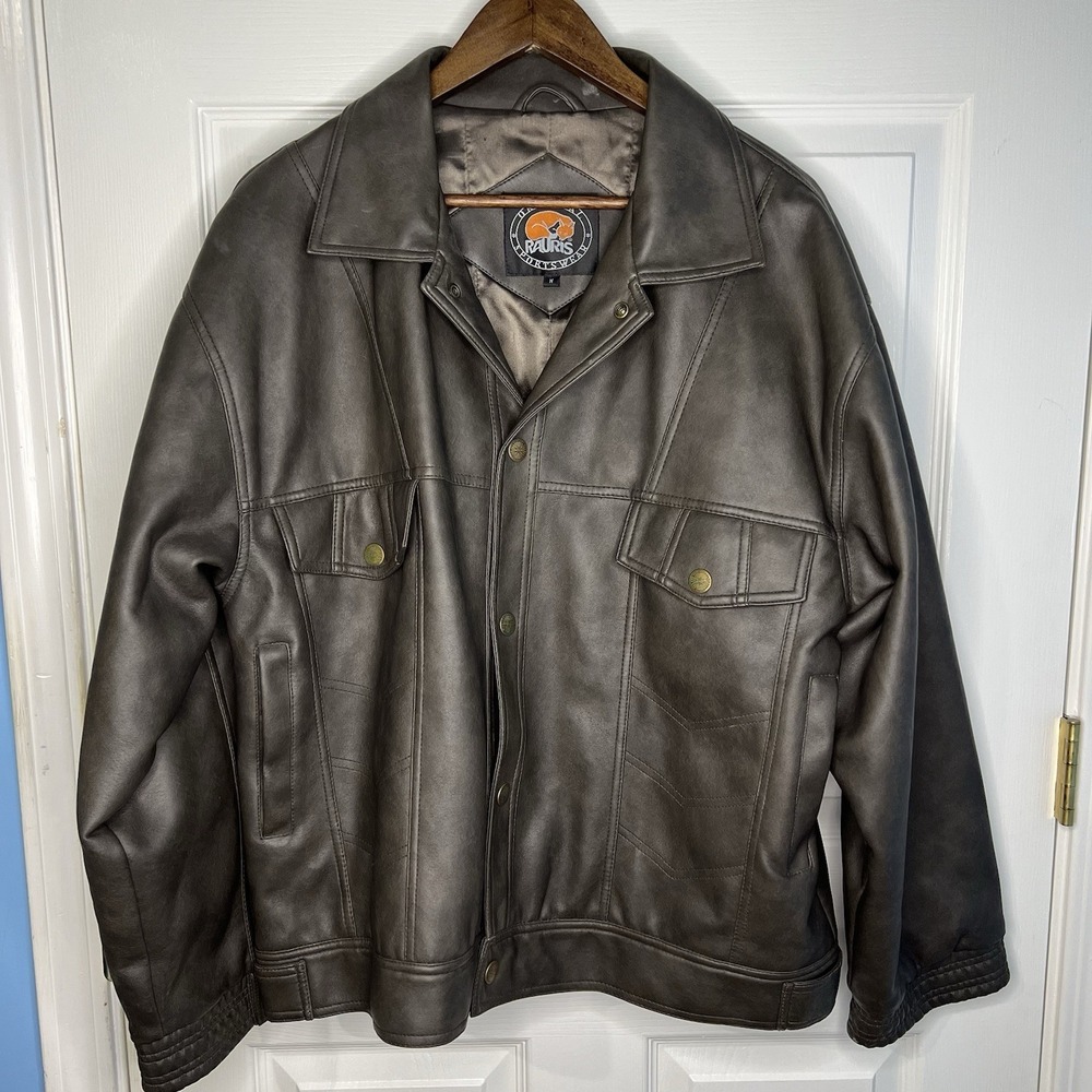 Rauris Men's Brown Faux Leather Bomber Jacket M Button Zipper Lined Pockets